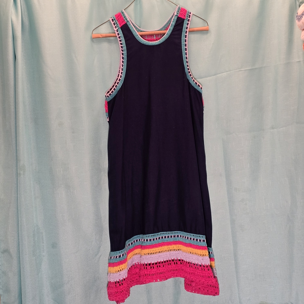 Akemi Kin Crochet Trim Swing Dress Womens XS Navy Multicolor Boho Style EUC